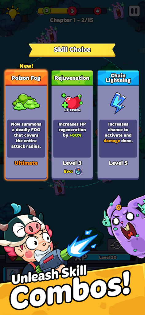 Night Valley - Tower Defense - Skill selection screen in Night Valley Tower Defense showing different character abilities like Poison Fog and Chain Lightning