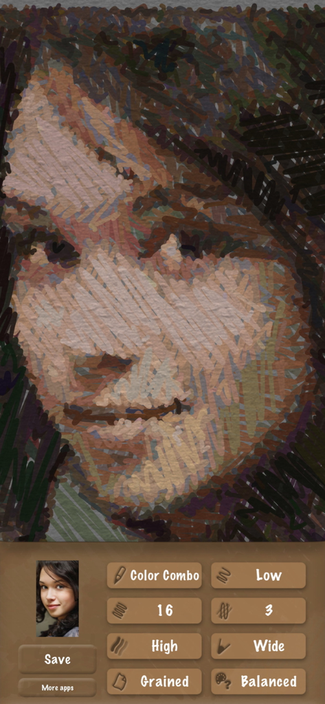 Screenshot of SketchMee app showing a woman's portrait being transformed into a textured digital sketch with various editing controls at the bottom.