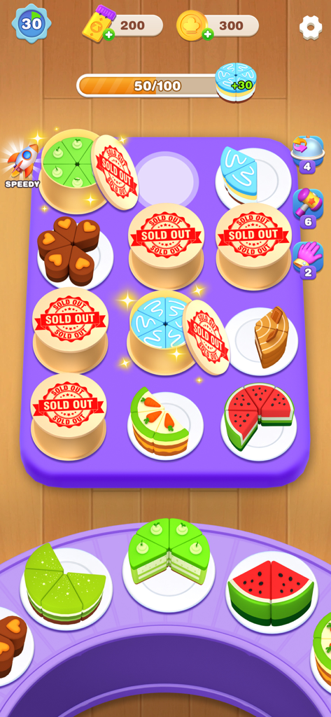 Cake Sort Master-Color Puzzle - Una colorida captura de pantalla de Cake Sort Master que muestra rebanadas de pastel en 3D en un tablero de clasificación morado con varios potenciadores e indicadores de progreso del juego.