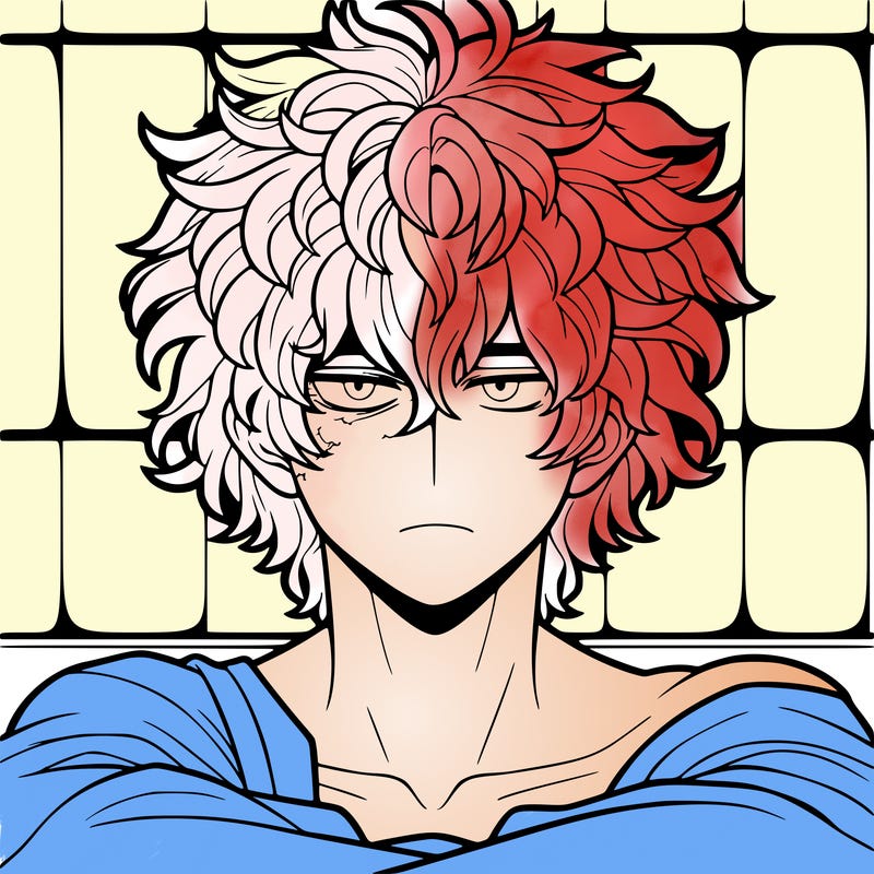 shoto todoroki with messy curly hair like bangs sitting against the wall, very realistic and detail