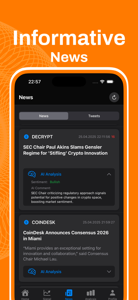 Crypto news feed with AI sentiment analysis and market insights