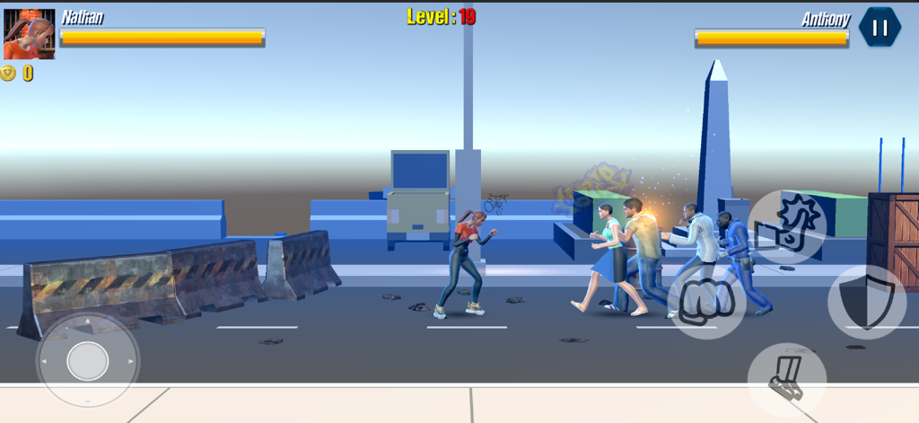 Street Combat :Grounds Fighter - Gameplay de Street Combat Grounds Fighter mostrando a un personaje femenino luchando contra múltiples oponentes en una calle de la ciudad.