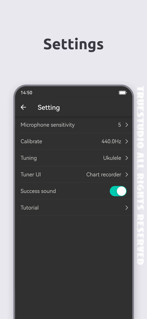 Ukulele Tuner - TrueStudio - Menu delle impostazioni dell'app Accordatore Ukulele che mostra opzioni di calibrazione, tipo di accordatura e sensibilità del microfono.