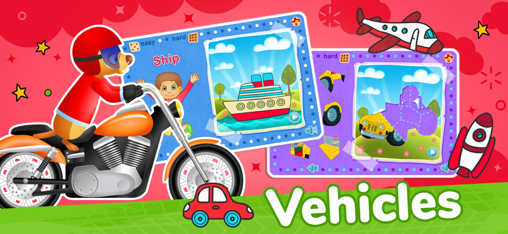 123 Kids Fun Magic Puzzles - Educational vehicle jigsaw puzzles for toddlers featuring a motorcycle ship and airplane.
