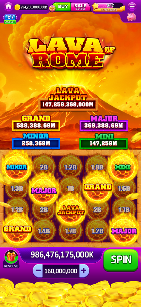 Jackpot Saga - Slots Casino - Écran du jeu de machine à sous Lava of Rome de Jackpot Saga montrant les récompenses de jackpot