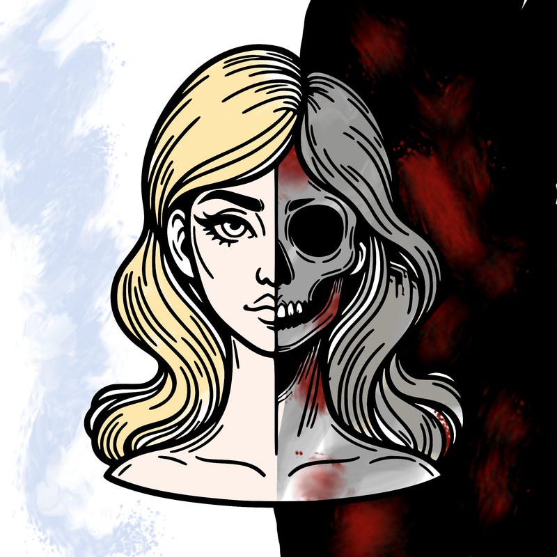 bust of a woman, half face and hair, half skull