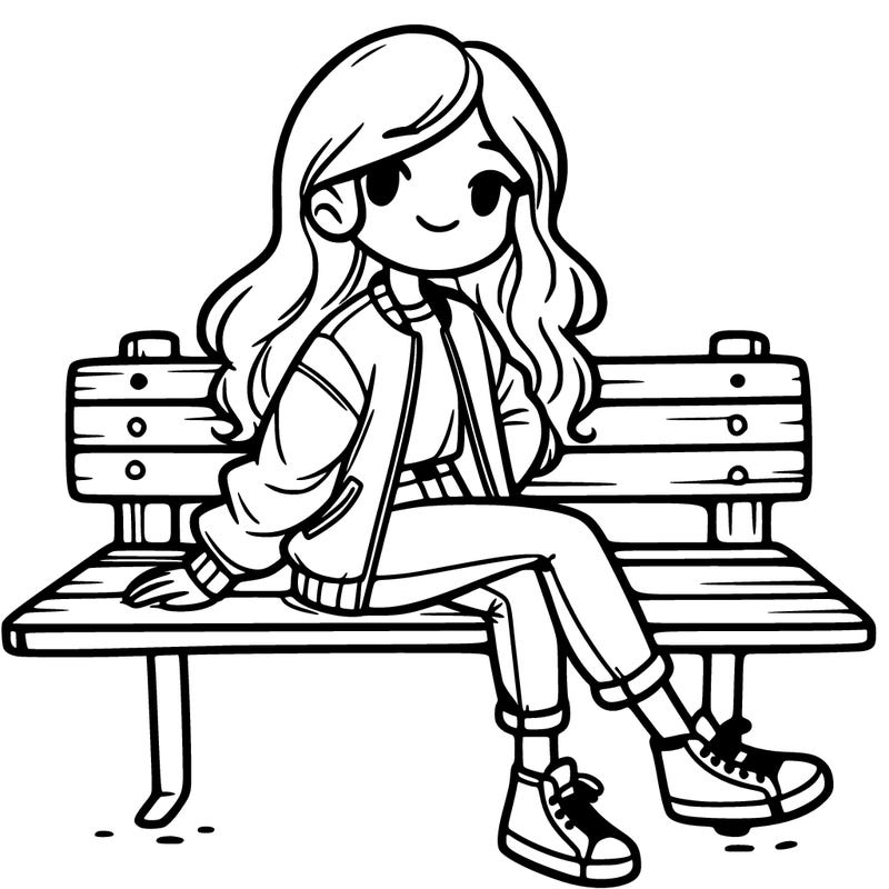 girl sitting on a bench with one leg over another she has a jacket on and jeans and long hair
