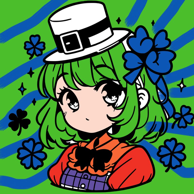 a manga-style girl with clovers around her, a little hat in her hair, like it's saint patrick's day