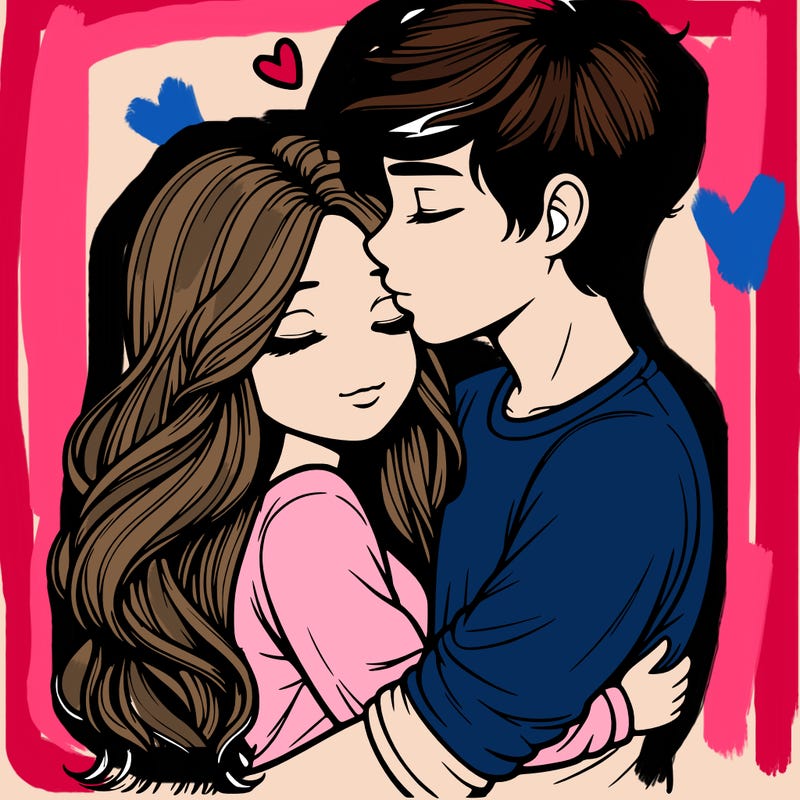 a realistic couple boy and girl hugging and kissing