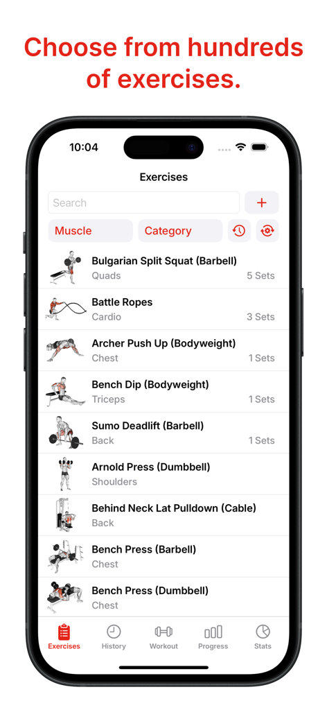 Flexer: Gym Workout Tracker - Interfaz de la aplicación Flexer que muestra una biblioteca de ejercicios buscable, incluyendo sentadillas búlgaras y cuerdas de batalla, con categorías musculares