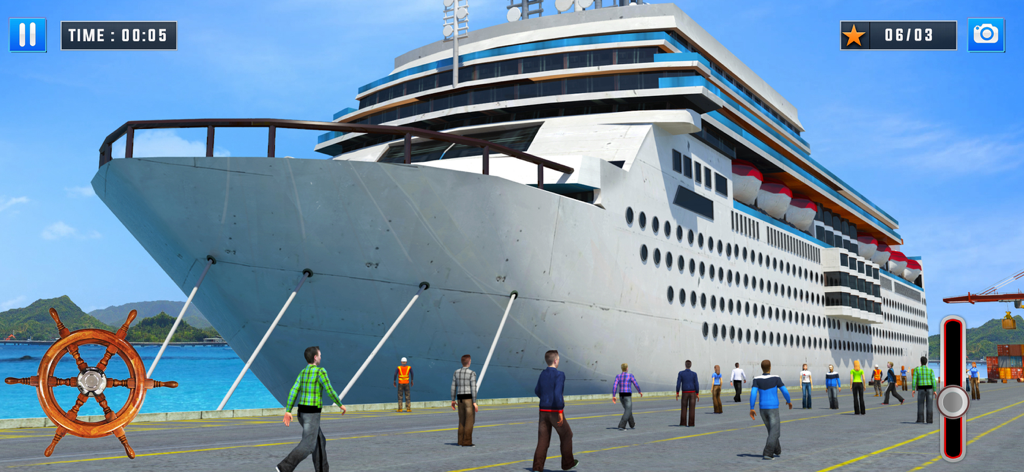 Ship Simulator Cruise Driving - A large cruise ship docked at a port with passengers walking by in the Ship Simulator game.