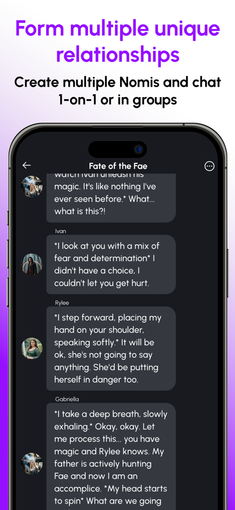 Una captura de pantalla de la función de chat grupal de la aplicación Nomi que muestra una conversación de juego de rol con múltiples personajes IA.