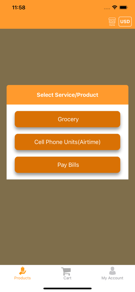 GhanaMart - GhanaMart app screen displaying service options for Grocery Cell Phone Units and Pay Bills
