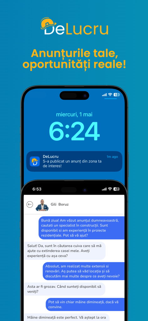 Capturas de pantalla de la app DeLucru mostrando una notificación de empleo en la pantalla de bloqueo y un chat dentro de la app para negociar servicios