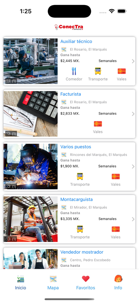 ConecTra - ConecTra mobile app screen displaying a list of job opportunities in Spanish with salary details and benefits