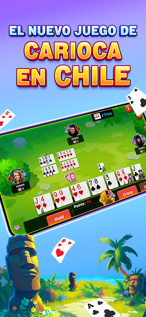 Cards CLUB (Carioca Club) - Interfaccia mobile del gioco di carte Carioca con statue Moai cilene sullo sfondo