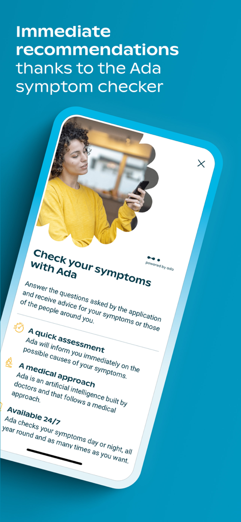 Die Groupe Mutuel App mit dem Ada KI-Symptom-Check für sofortige Gesundheitsbewertungen und Empfehlungen