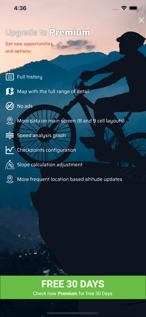 Upgrade to Premium screen for Bike Tracker Cycling Computer app showing premium features and a 30 day free trial button