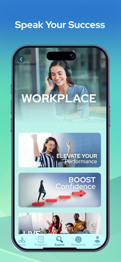 Innergy app workplace screen showing programs to elevate performance and boost confidence