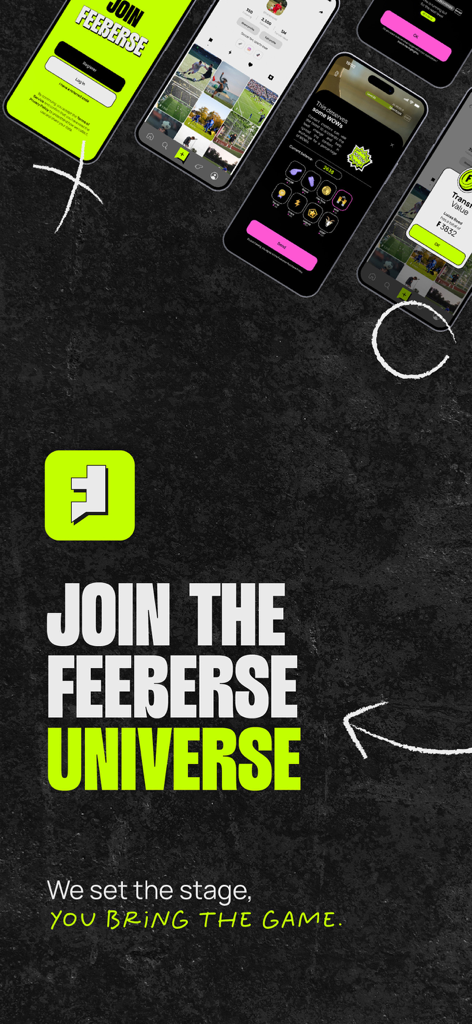 Feeberse app promotional screen showing the join the universe tagline and mobile interface screenshots