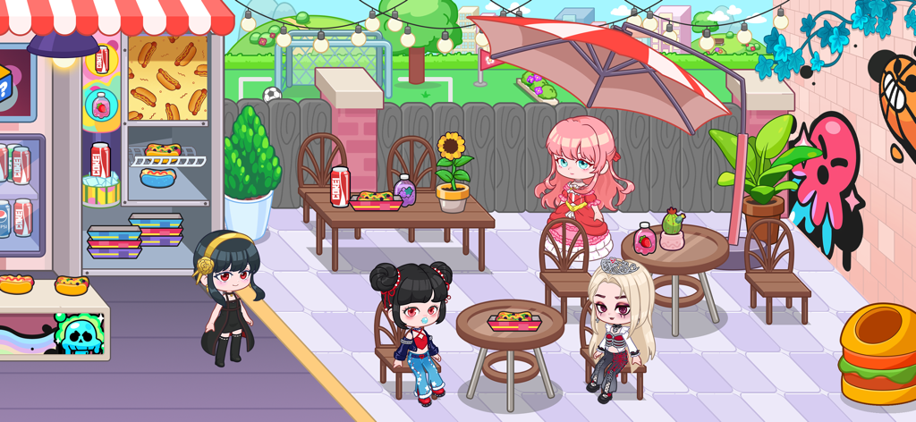 Four stylized doll characters interacting in an outdoor cafe and snack bar scene within the Doll World game.
