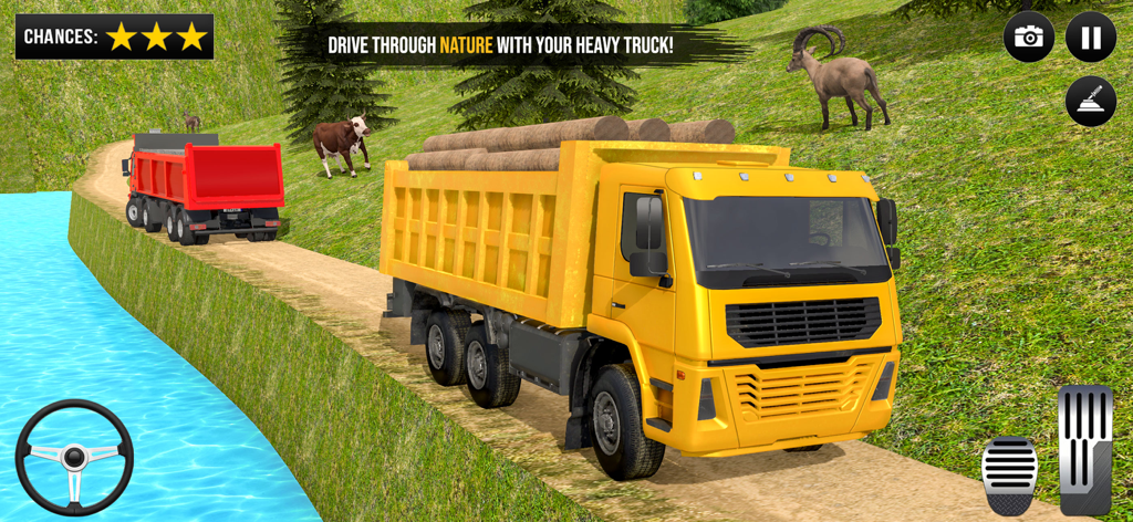 A yellow heavy duty truck carrying logs on a dirt road next to a river in a nature simulation environment.