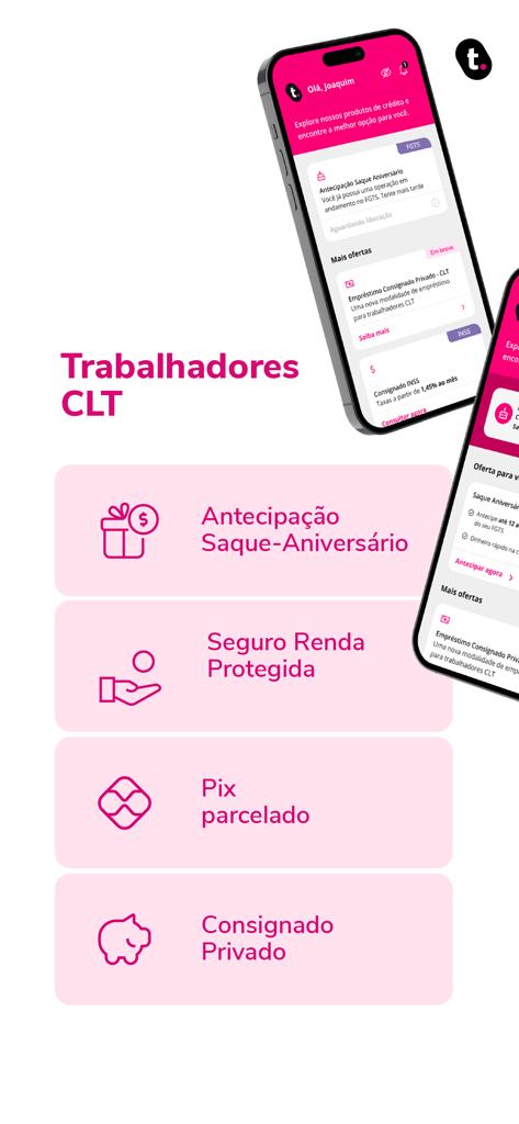 meutudo. Empréstimo, INSS FGTS - Interfaz de la app meutudo mostrando servicios financieros para trabajadores con contrato CLT, incluyendo anticipo del FGTS y préstamos de nómina privados