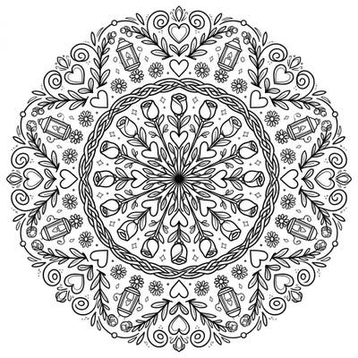 Unwind with this beautiful Cottagecore mandala, perfect for celebrating Mother's Day. Its intricate patterns, delicate roses, and charming hearts offer a delightful and meditative coloring experience.