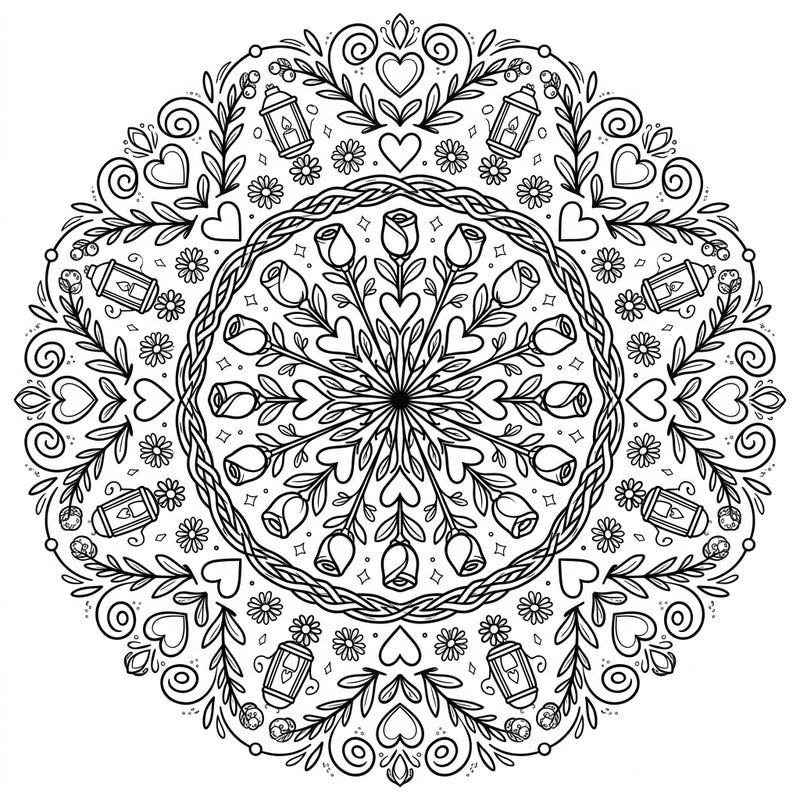 Unwind with this beautiful Cottagecore mandala, perfect for celebrating Mother's Day. Its intricate patterns, delicate roses, and charming hearts offer a delightful and meditative coloring experience.