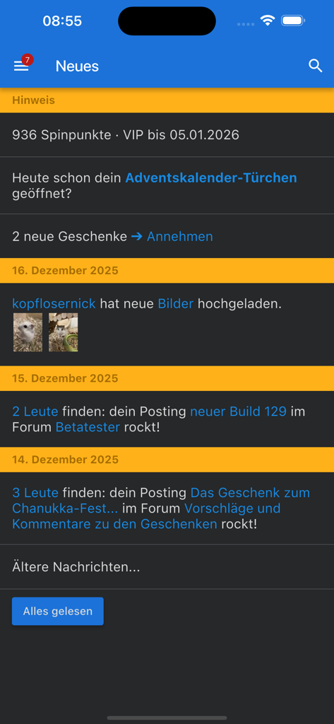 Screenshot of the news feed in the spin.de app showing German notifications for points, gifts, and forum activity