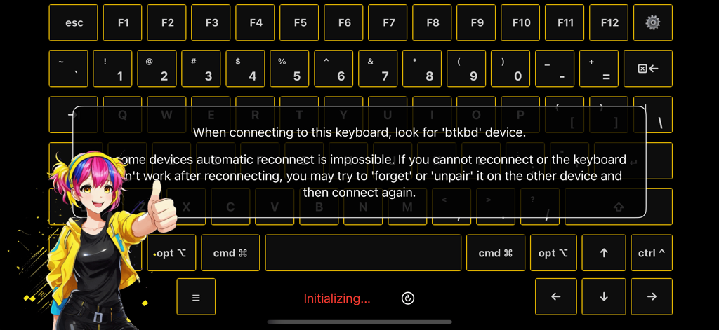 btkbd - Interfaz de teclado virtual para la aplicación btkbd con instrucciones de emparejamiento Bluetooth y una mascota dando el visto bueno.