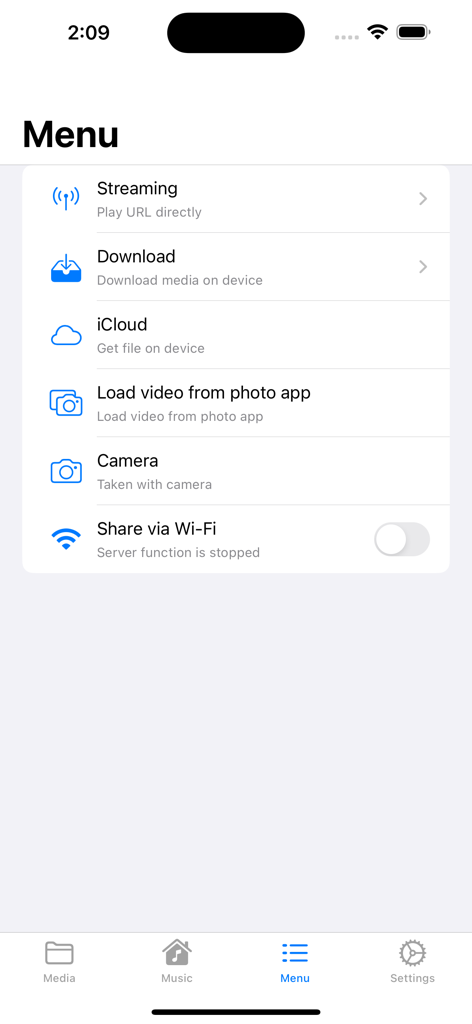 WMDPlayer - WMDPlayer-App-Menü mit Optionen für Streaming, Download und Import von Dateien aus iCloud oder der Foto-Bibliothek