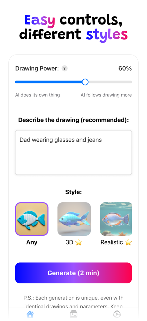 Drawings Alive AI: Sketch & 3D - User interface of Drawings Alive AI app with drawing power slider and art style selection options