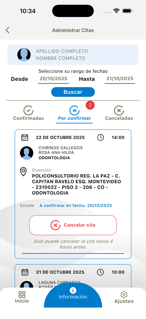 CSBP Movil app interface showing the manage appointments screen with a pending dental consultation