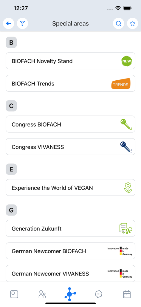 List of special event areas and highlights in the BIOFACH 2025 app