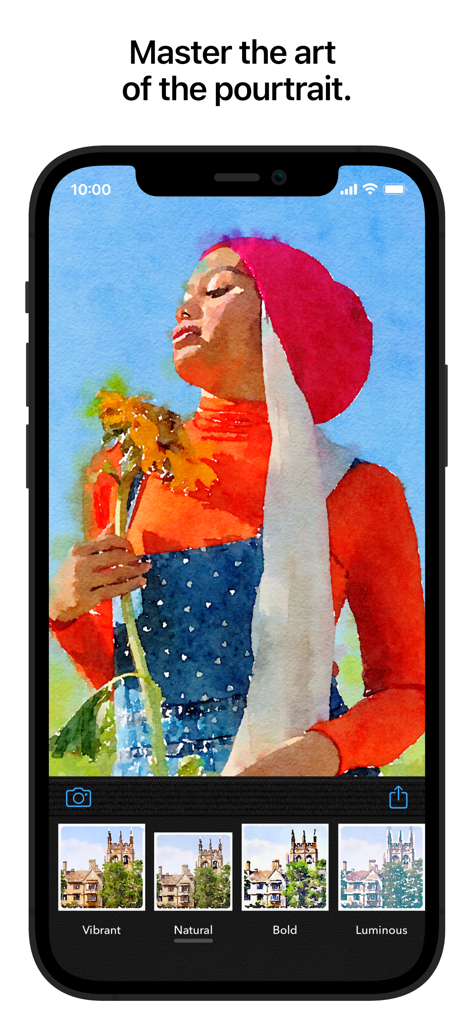 Mobile screen of the Waterlogue app showing a photo of a person holding a sunflower transformed into a watercolor painting with various artistic presets