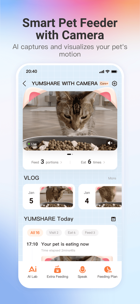 PETKIT app screen showing a smart pet feeder interface with live AI camera feed of a cat eating and feeding statistics