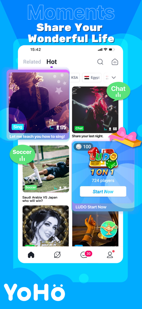 YoHo app interface displaying the Moments feed with user posts about singing, sports, and social games like Ludo.