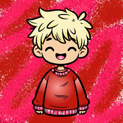 boy with messy short hair and wearing a oversized sweatshirt happy