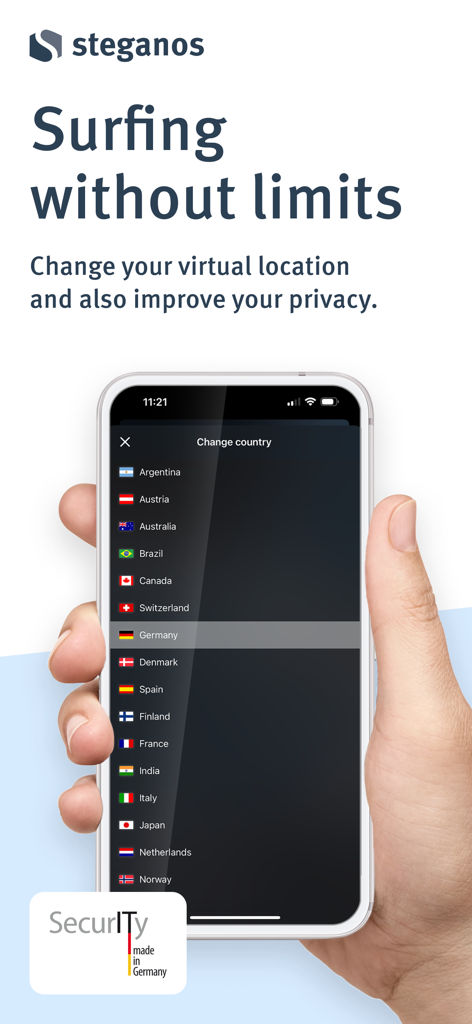 Steganos VPN Online Shield - iPhone screen displaying a list of countries for virtual location change in Steganos VPN