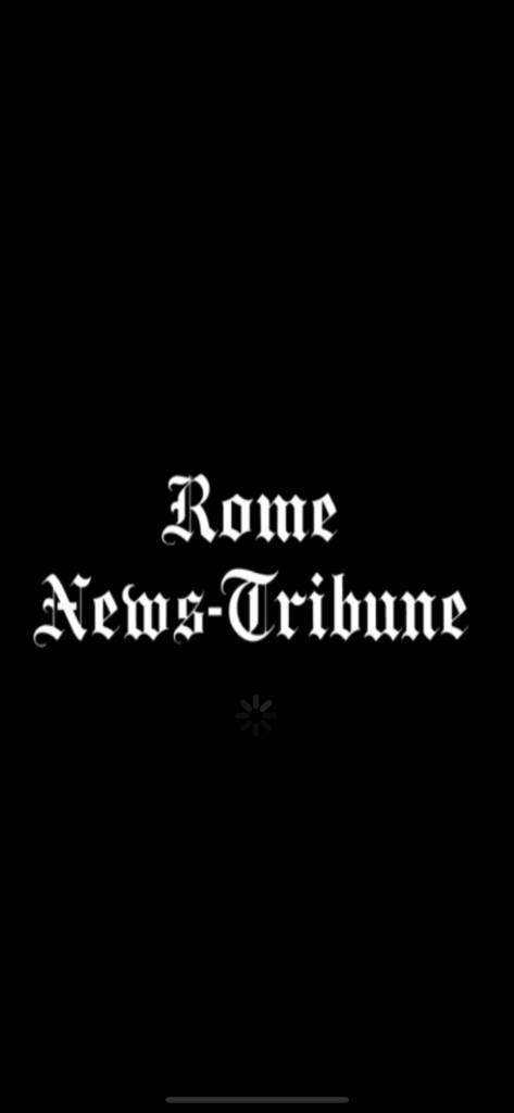 Splash screen of the Rome News-Tribune app featuring the newspaper logo and a loading icon
