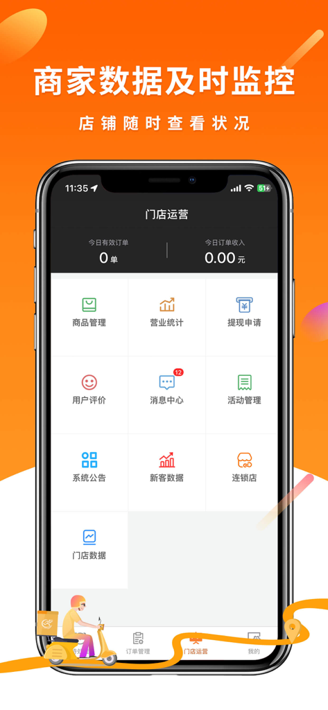 Interfaz de la aplicación Paotui Kuaiche Merchant que muestra el panel de operaciones de la tienda con estadísticas de ventas y pedidos.