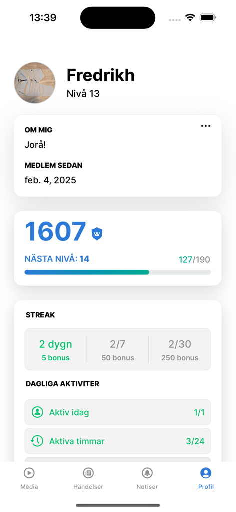 Schermata del profilo dell'app Alerto che mostra punti del livello utente e sequenze di attività per l'impegno nella sicurezza
