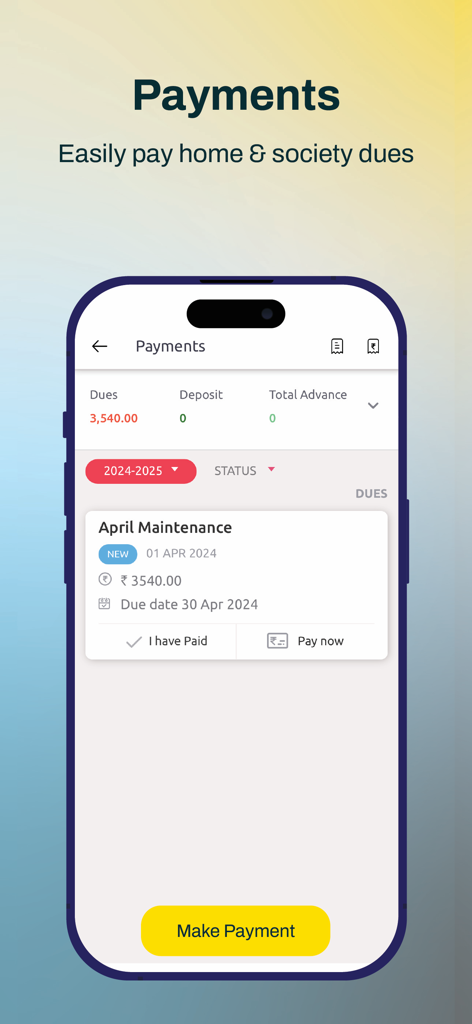 Mygate Premium에서 주택 및 단지 관리비를 결제하기 위한 모바일 앱 인터페이스