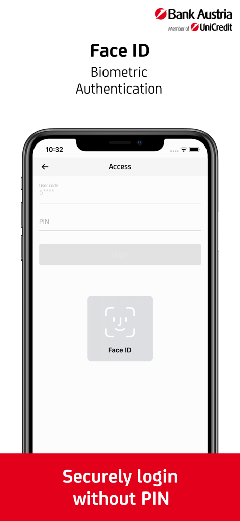 Bank Austria BusinessNet - Bank Austria BusinessNet app showing Face ID biometric authentication for secure login without a PIN