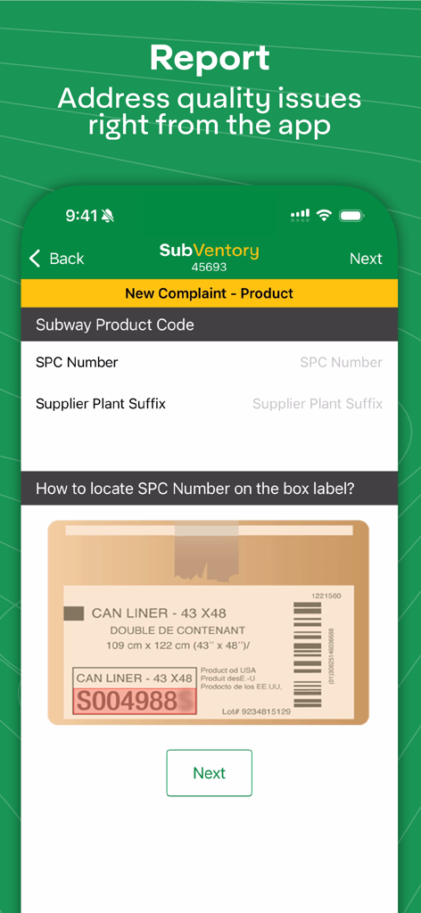 SubVentory - SubVentory app screen showing the interface for filing a product quality complaint including instructions for finding the SPC number on a box label.