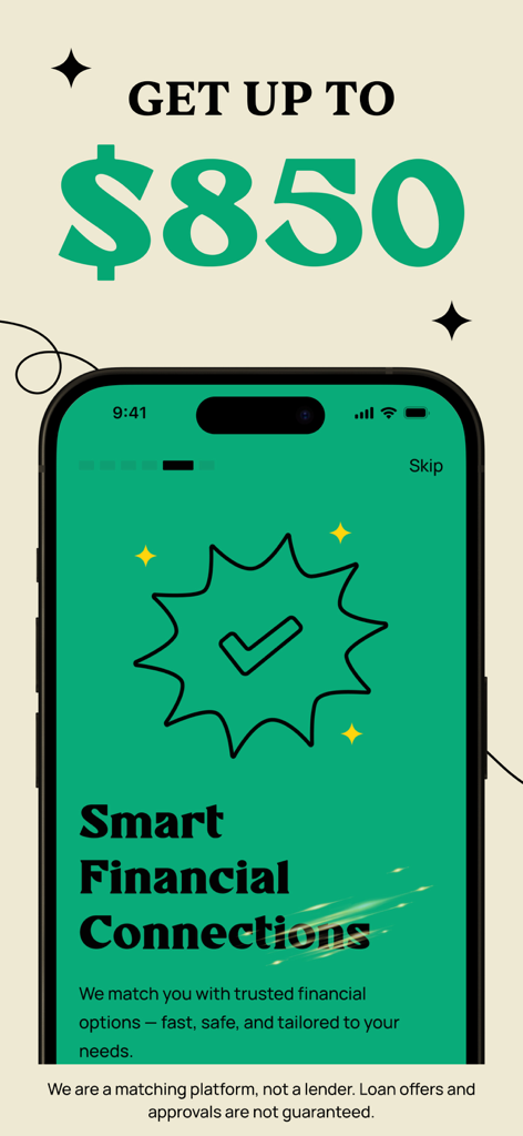 PayDay Cash Advance: CactiFin - CactiFin app screen offering cash advances up to 850 dollars with smart financial connections
