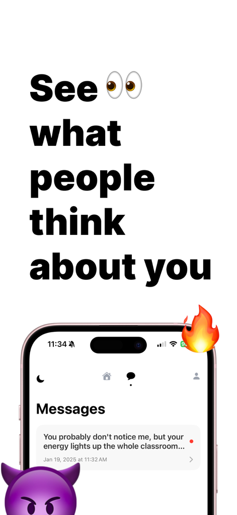 FRL - Anonymous Messages - Tela de um iPhone mostrando uma mensagem de elogio anônimo no aplicativo FRL com o texto Veja o que as pessoas pensam de você.