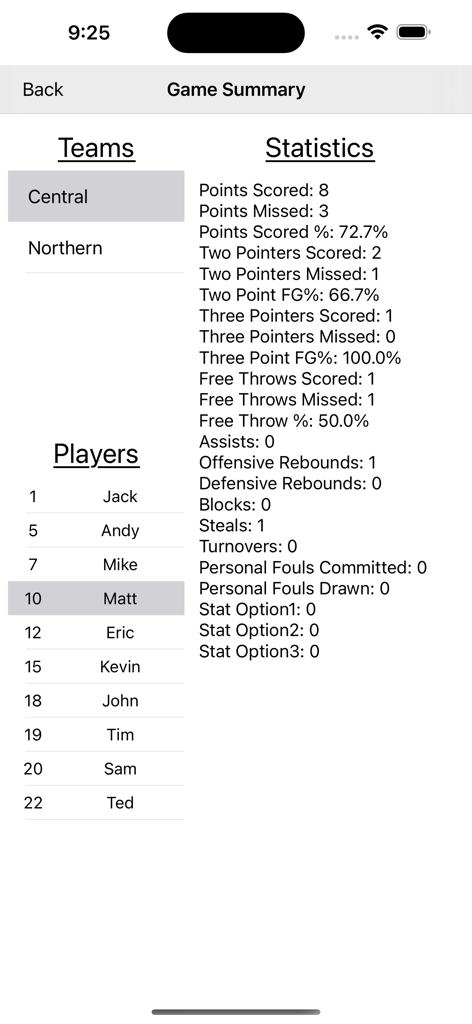 Basketball Analytics - 농구 분석 앱 경기 요약 화면에 플레이어 통계 및 로스터가 표시됩니다