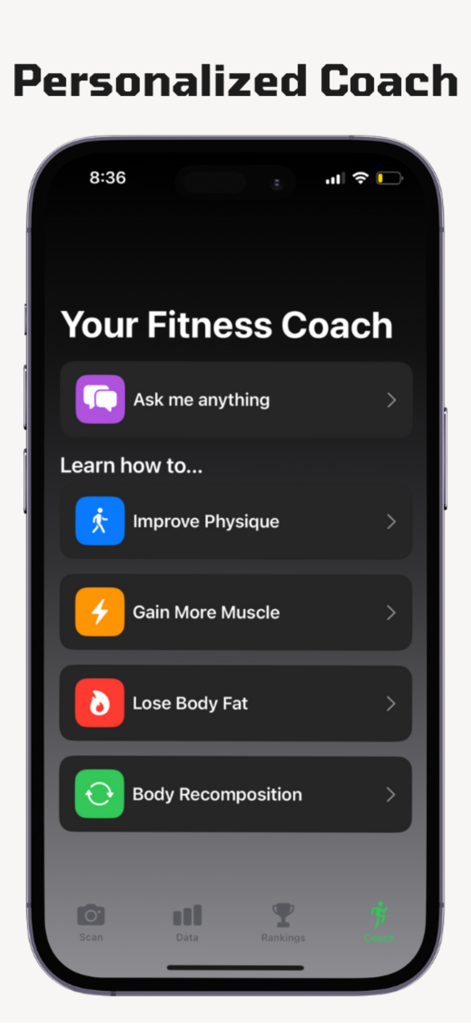 Interface of the BodyScore AI fitness coach showing options to improve physique gain muscle and lose body fat